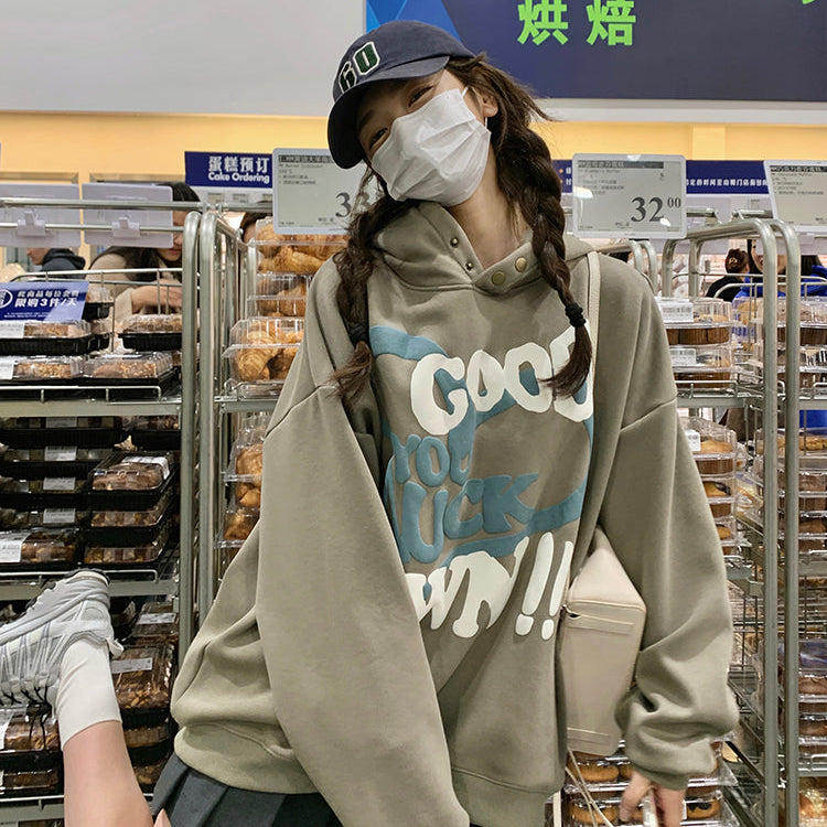 GOOD LUCK美式復古加絨連帽衛衣-25629