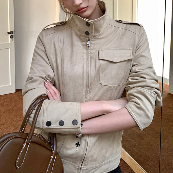 美式懷舊牛皮絨短夾克-25651