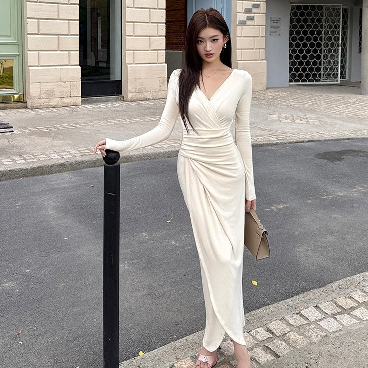 天使之吻杏白V領褶皺收腰長洋-25680