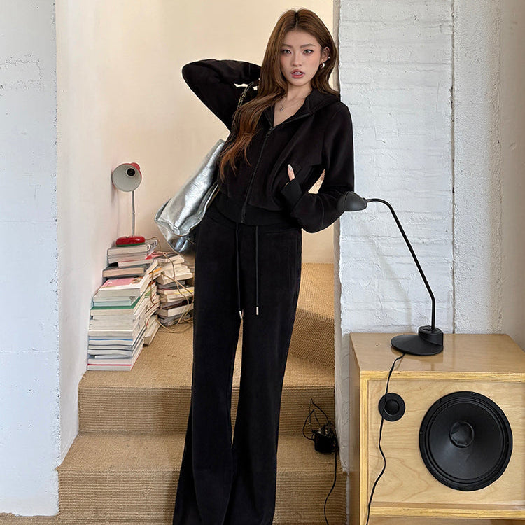 黑廠潮流搖粒絨連帽外套微喇褲兩件套-25640