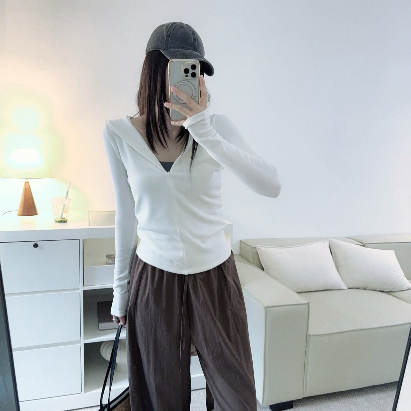 修身顯瘦半門襟連帽上衣-25615