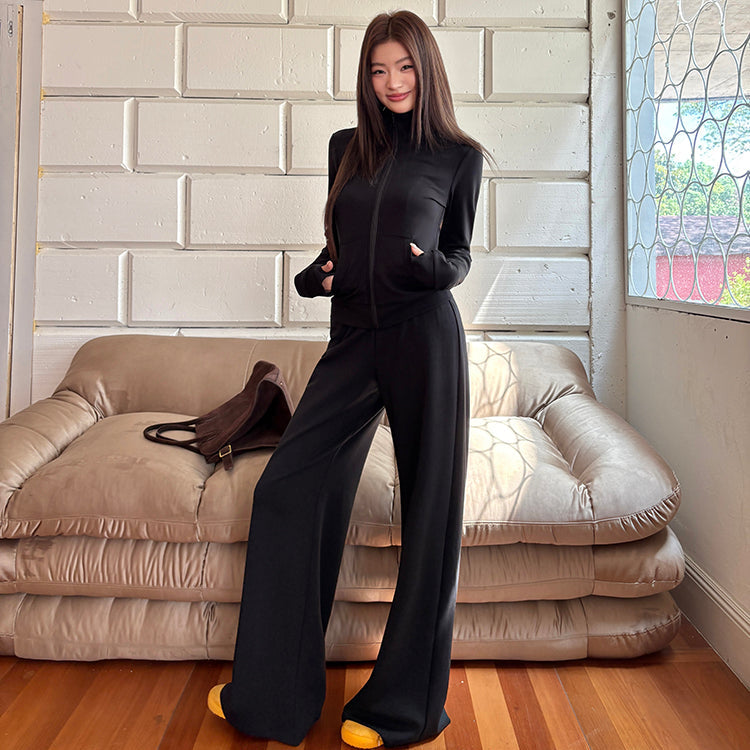 秘密同盟黑色立領修身外套寬褲兩件套-25636