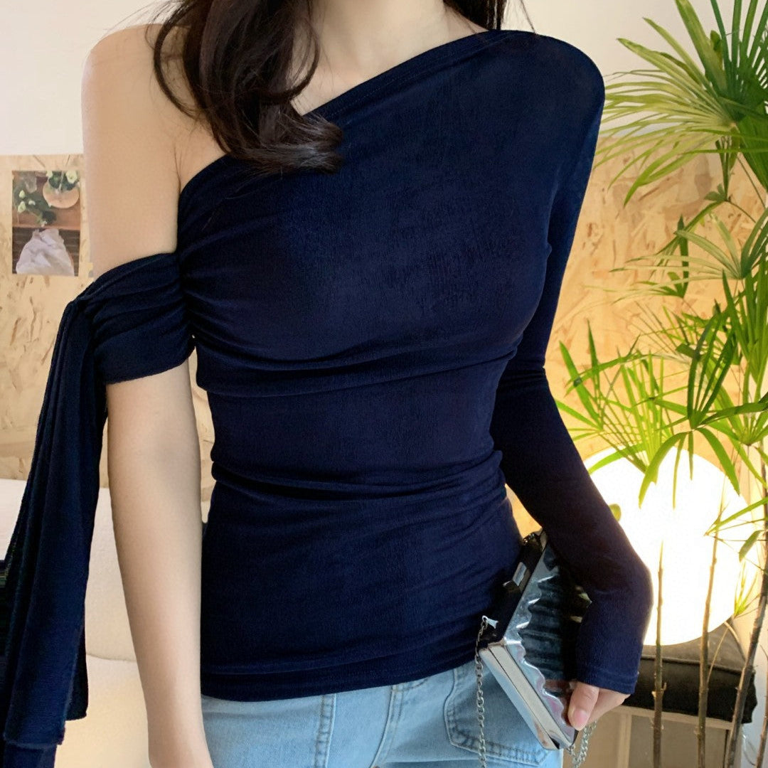 女人香深藍飄帶露肩上衣-25578