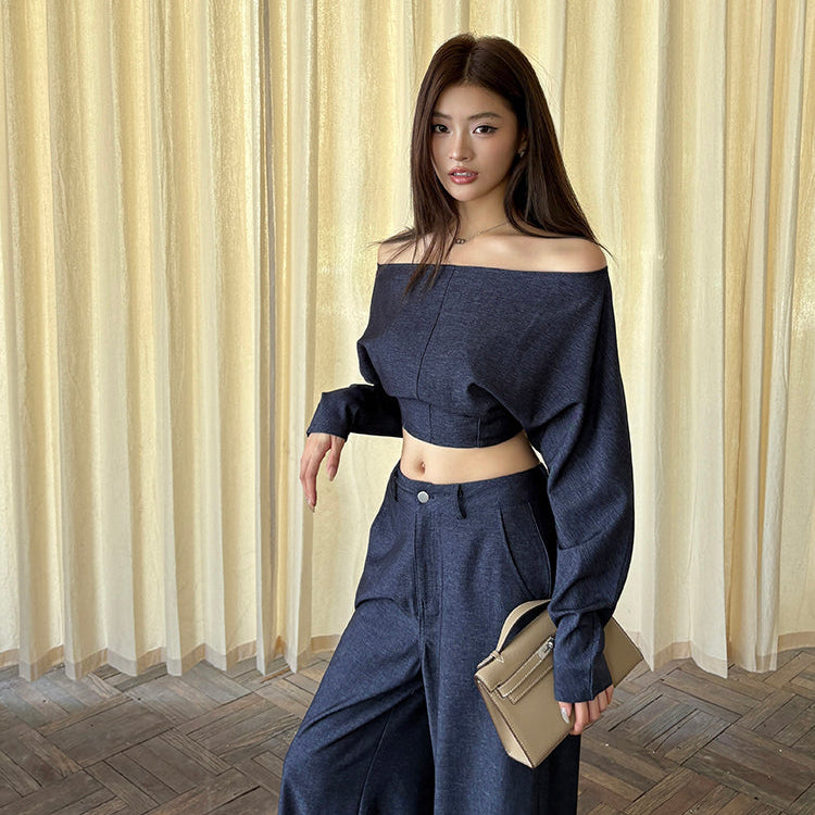 靛藍一字肩露腰上衣-25645