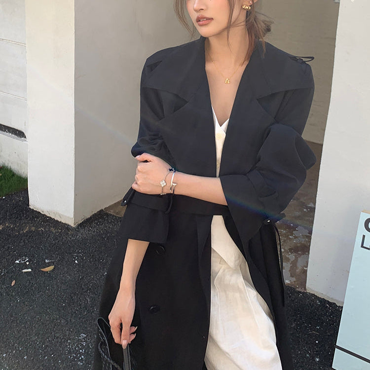 許我耀眼黑色繫帶長風衣-25644