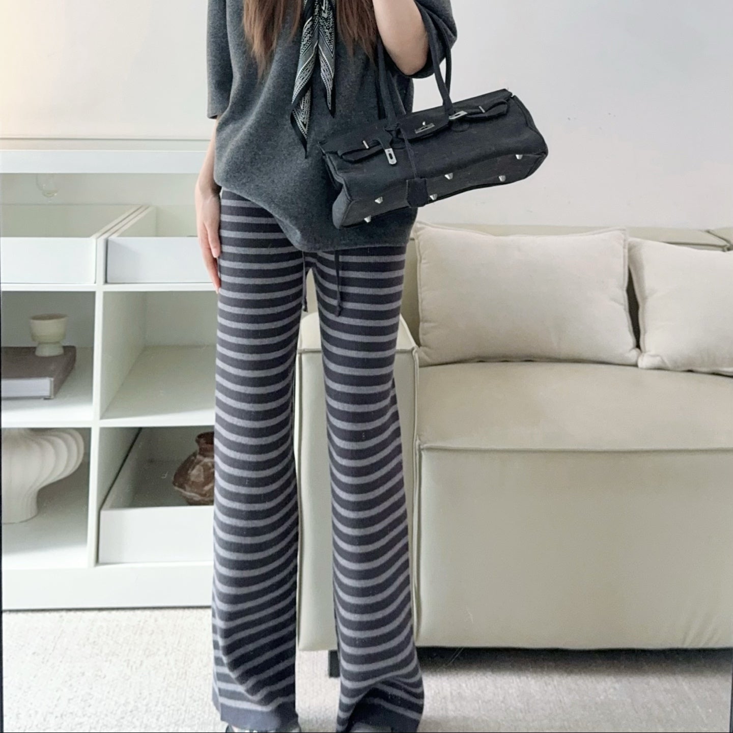 軟糯針織加厚條紋寬褲-25673