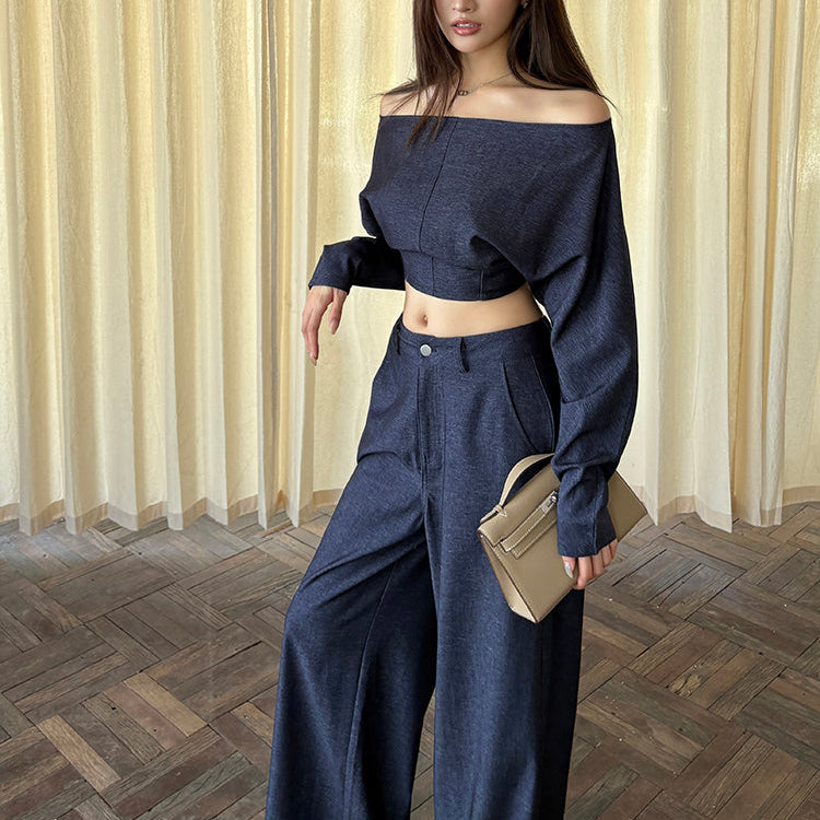 靛藍格調落地寬褲-25646