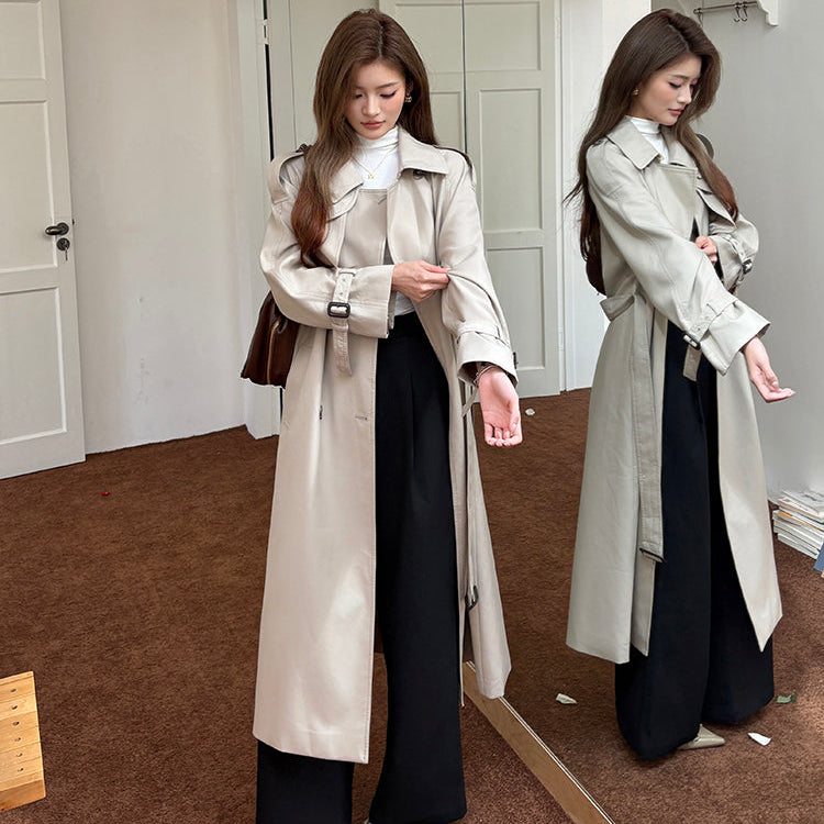 倫敦人寬鬆繫帶過膝長版風衣大衣-25654