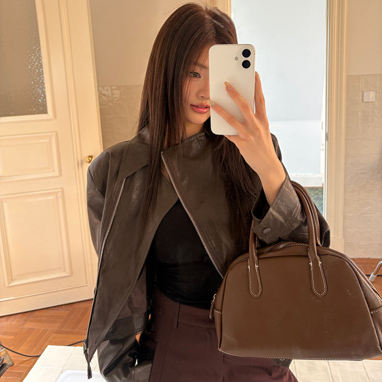 辣妹棕色PU皮夾克-25665