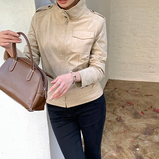 美式懷舊牛皮絨短夾克-25651