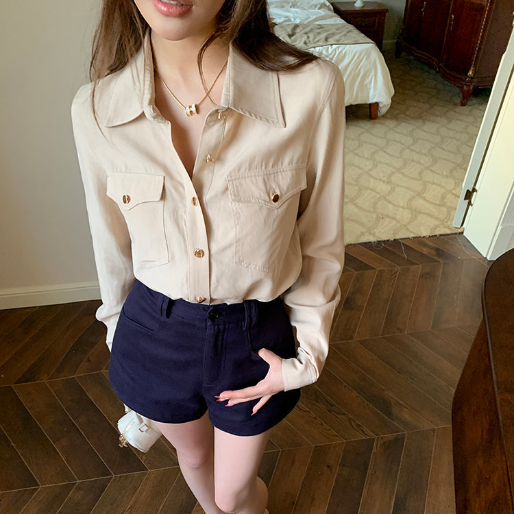 杏色口袋金扣襯衫-25536