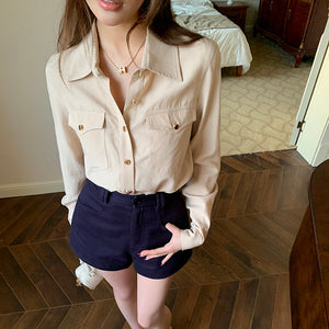 杏色口袋金扣襯衫-25536