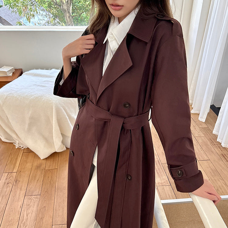 棕紅高級感雙排扣中長風衣-25652