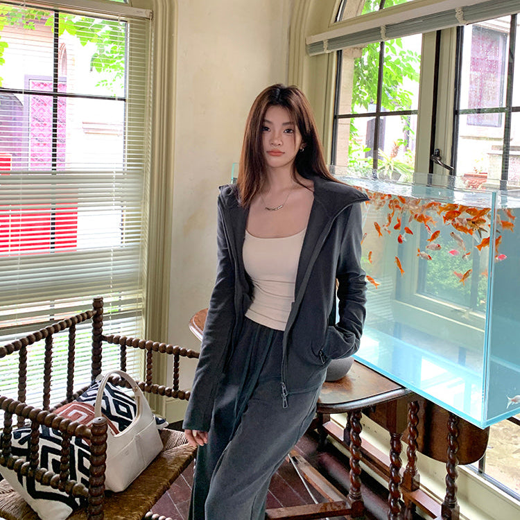 深灰絨面連帽外套垂感直筒褲兩件套-25630