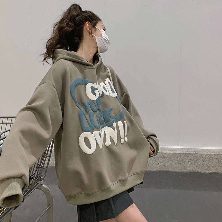 GOOD LUCK美式復古加絨連帽衛衣-25629