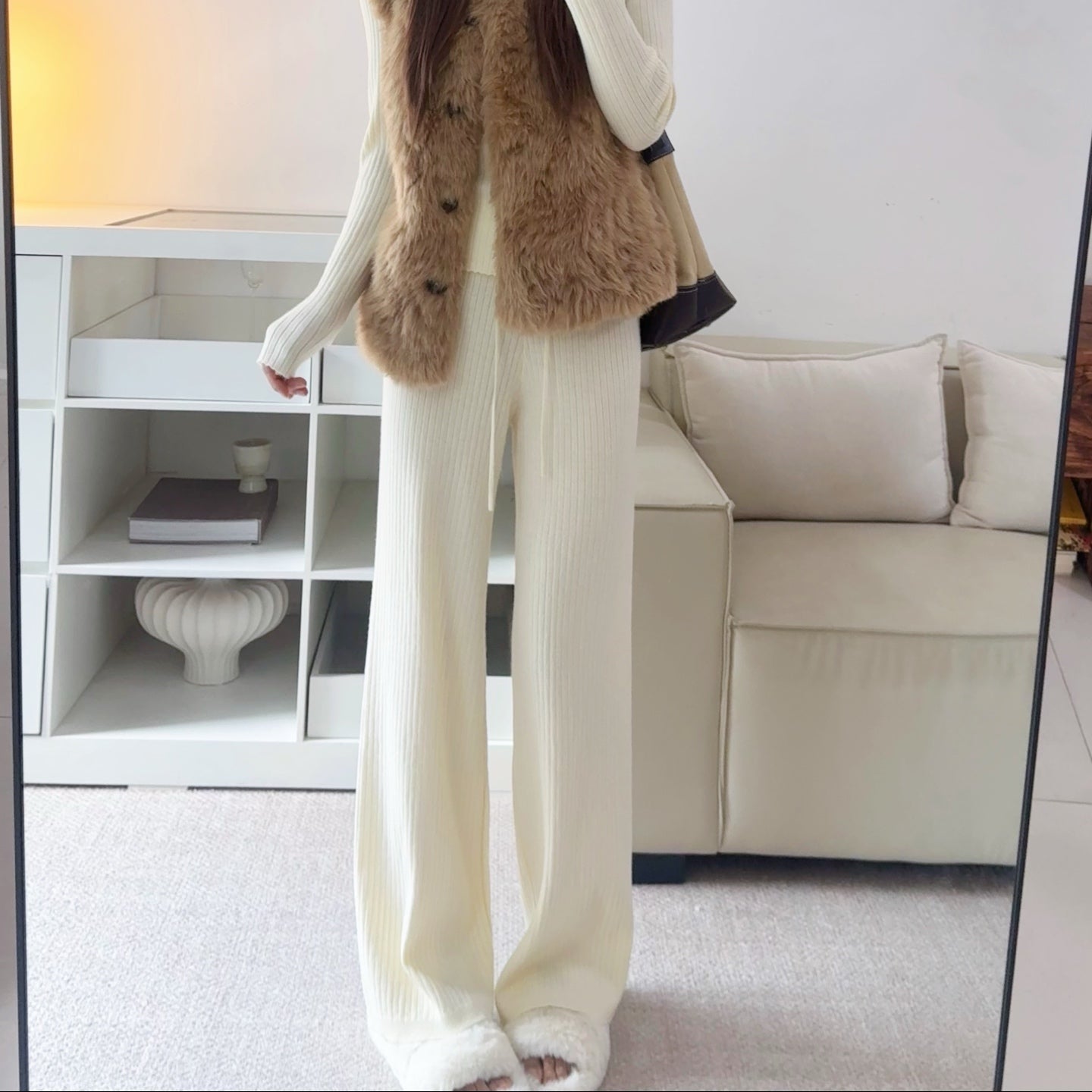 拉鍊坑條針織外套鬆緊高腰直筒長褲套裝-25676