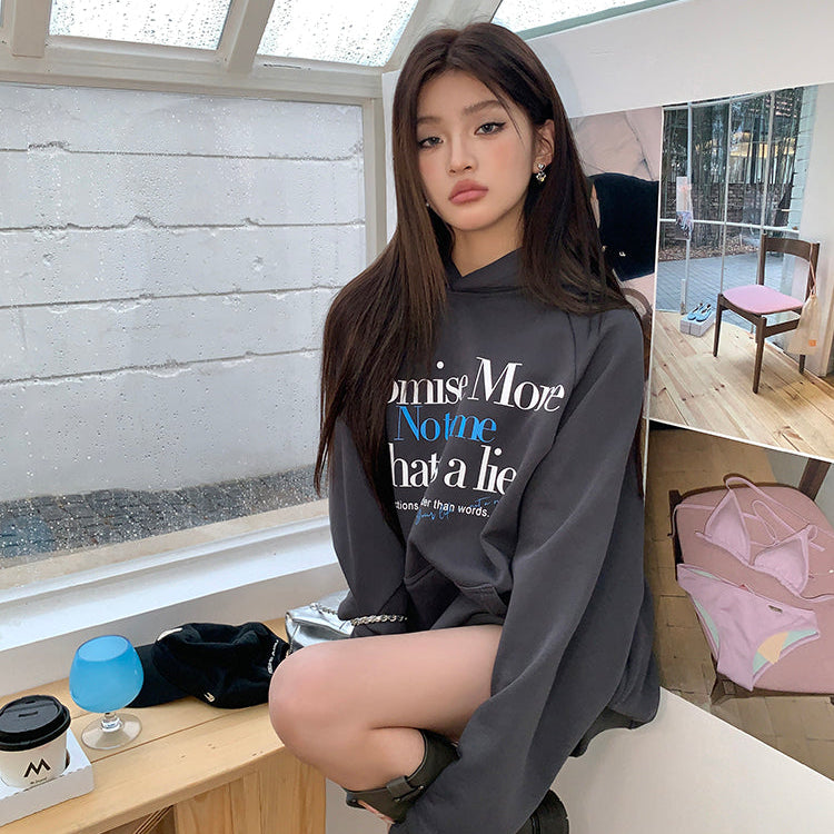 Promise Me深灰加絨連帽衛衣-25633