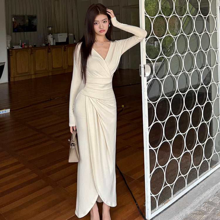 天使之吻杏白V領褶皺收腰長洋-25680