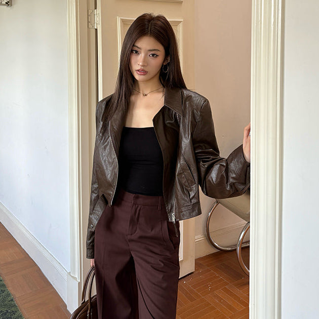 辣妹棕色PU皮夾克-25665