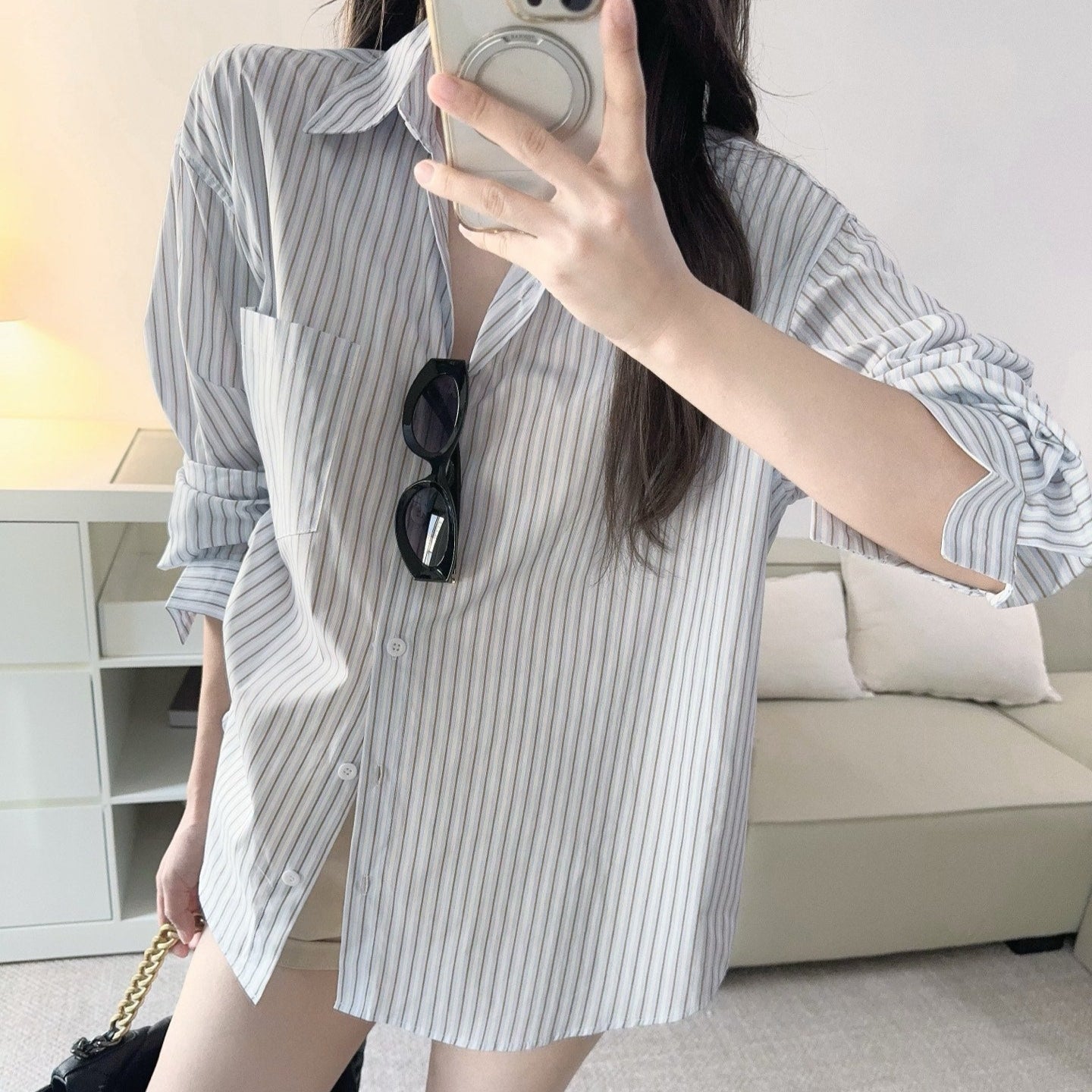 蝴蝶結露背寬鬆襯衫-25616