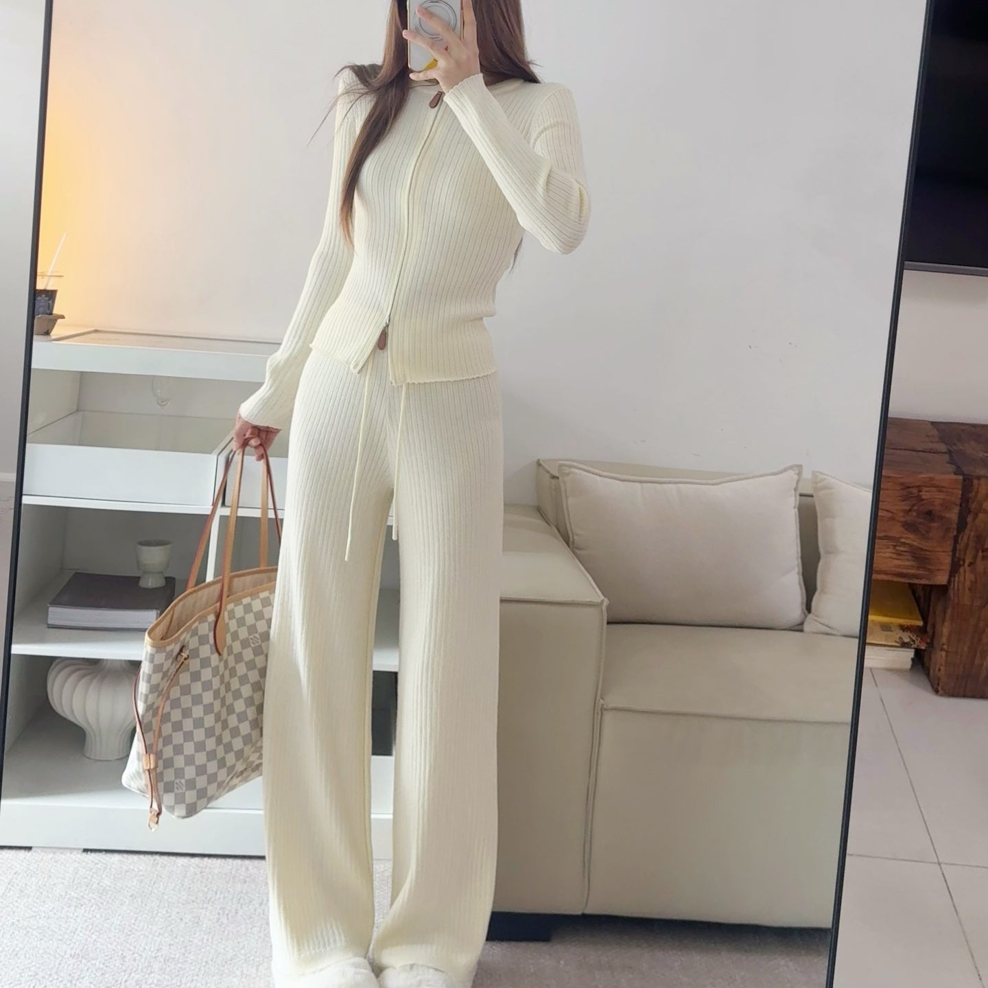 拉鍊坑條針織外套鬆緊高腰直筒長褲套裝-25676