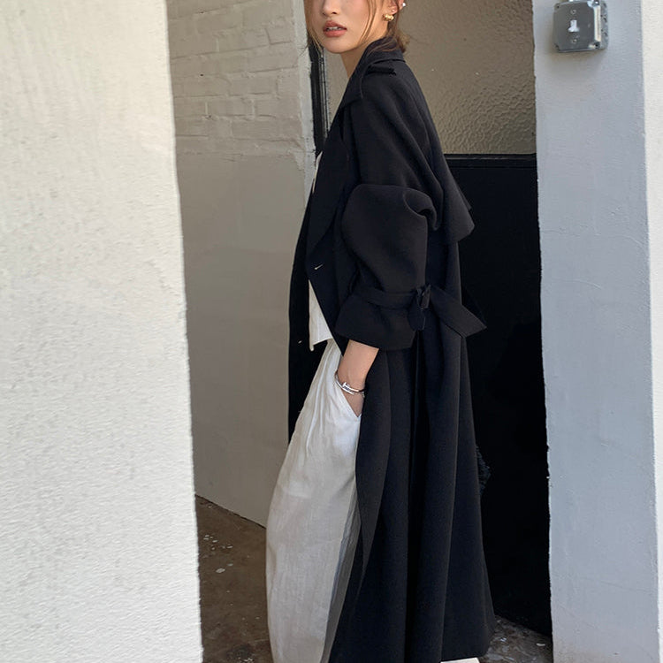 許我耀眼黑色繫帶長風衣-25644