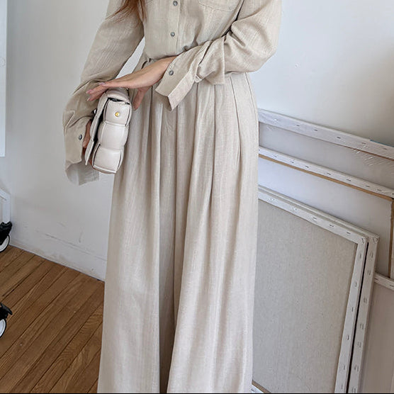 亞麻直紋落地寬褲-25658