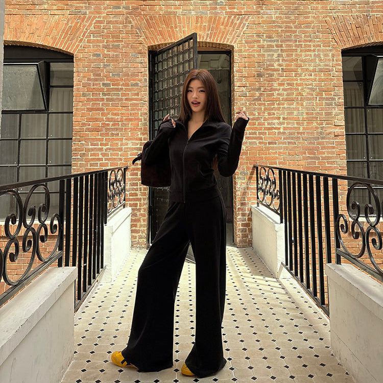 秘密同盟黑色立領修身外套寬褲兩件套-25636