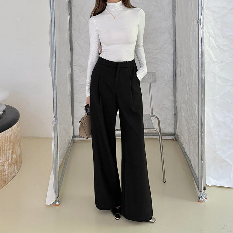 咖色高腰寬鬆落地西裝褲-25649