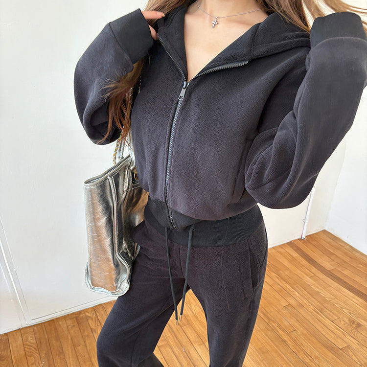 黑廠潮流搖粒絨連帽外套微喇褲兩件套-25640