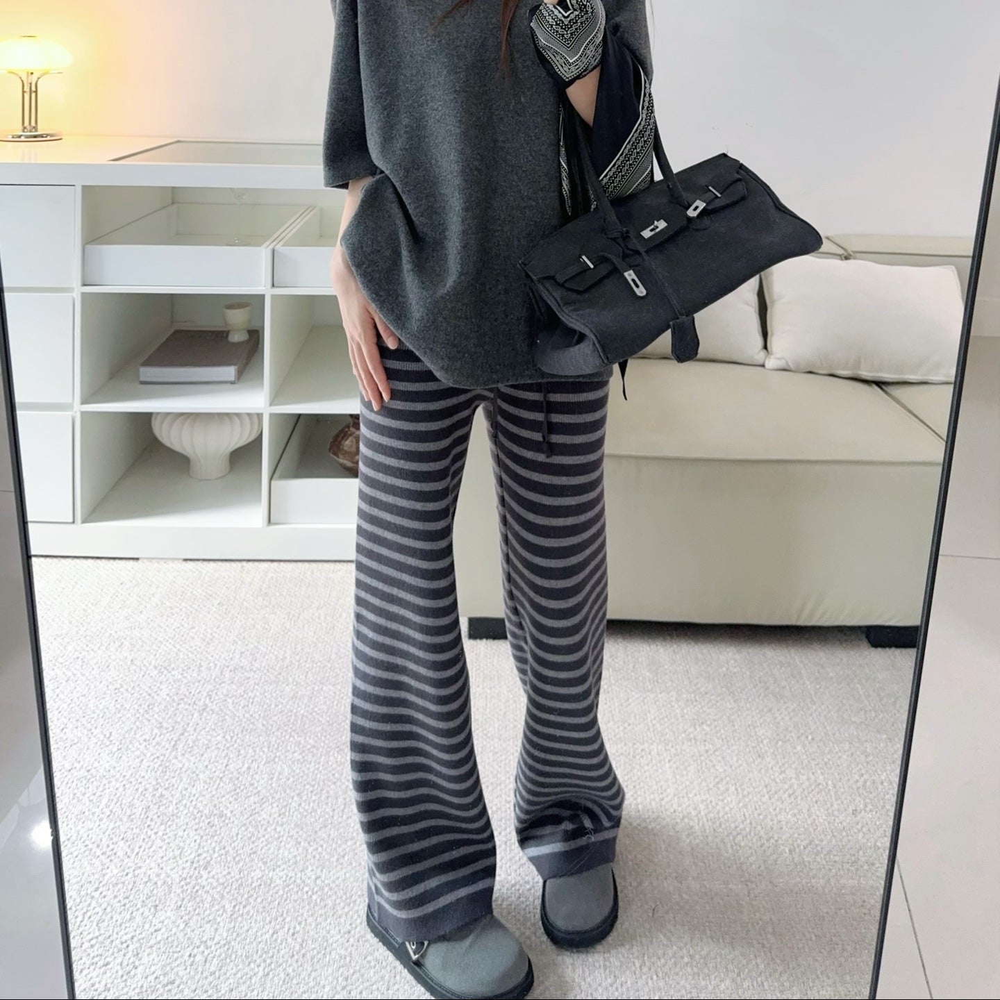 軟糯針織加厚條紋寬褲-25673