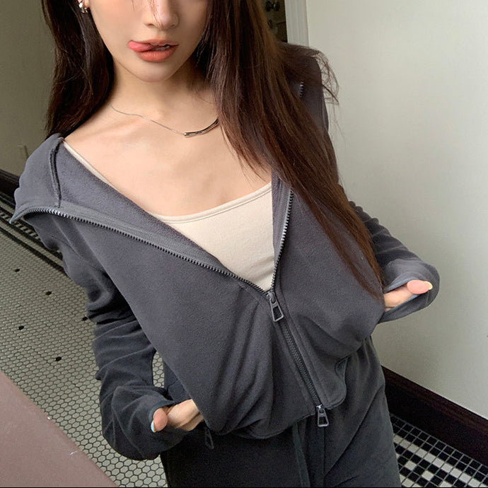 深灰絨面連帽外套垂感直筒褲兩件套-25630