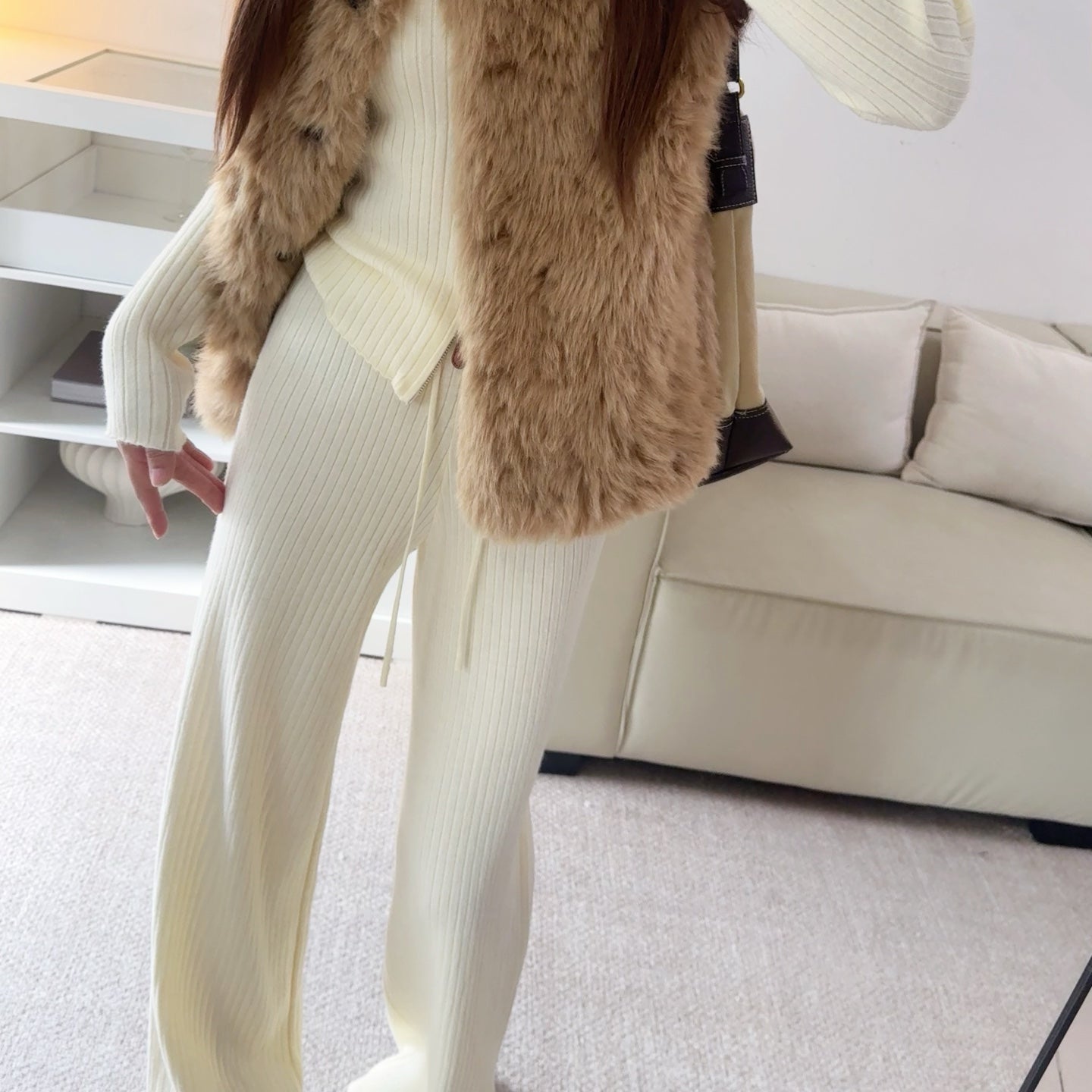 拉鍊坑條針織外套鬆緊高腰直筒長褲套裝-25676