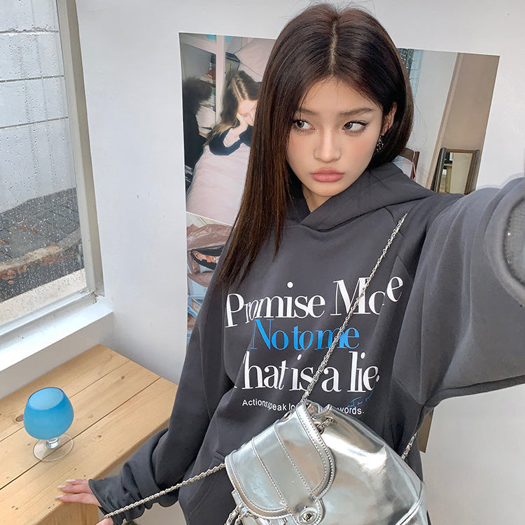 Promise Me深灰加絨連帽衛衣-25633