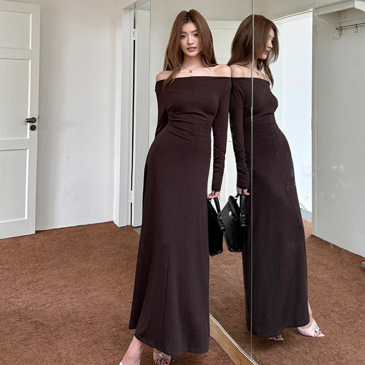 甜蜜巧克力優雅簡約一字肩長洋-25628