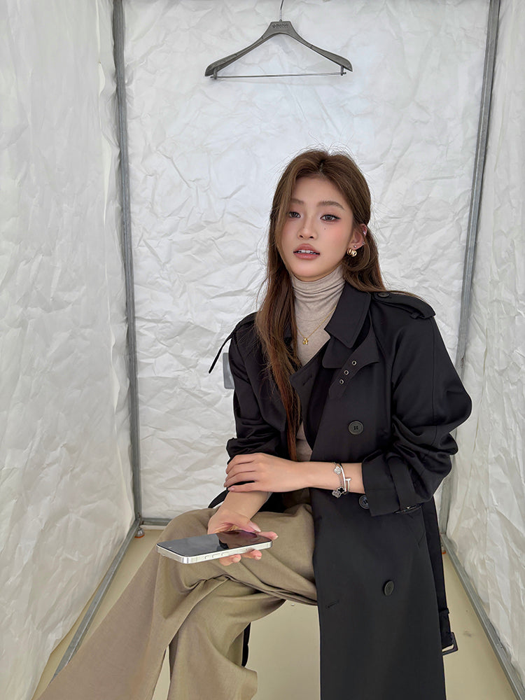 黑色經典重工中長風衣-25653