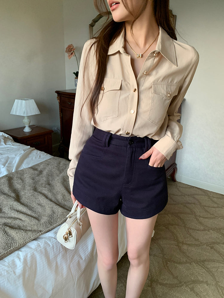 杏色口袋金扣襯衫-25536