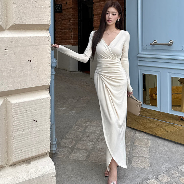 天使之吻杏白V領褶皺收腰長洋-25680