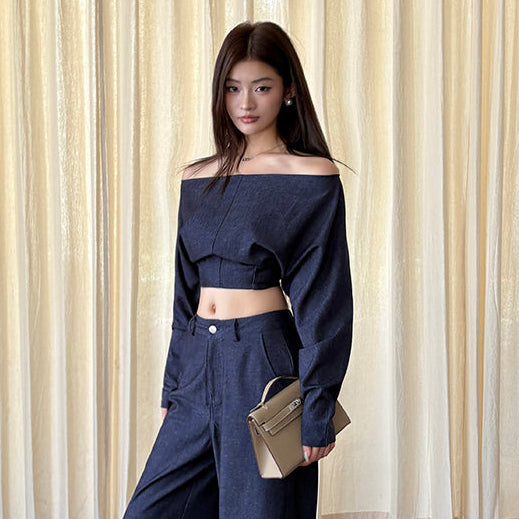 靛藍一字肩露腰上衣-25645