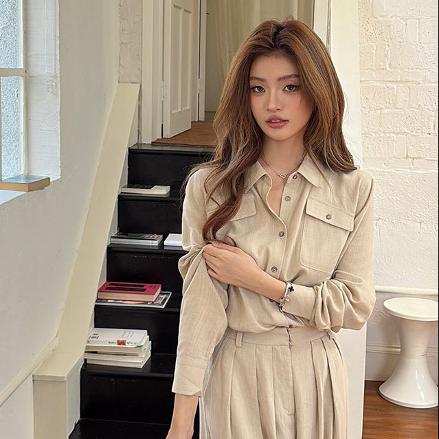 氣質亞麻口袋襯衫-25659