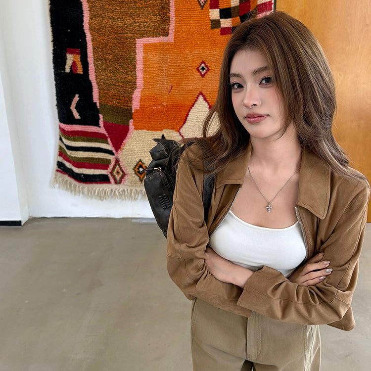 深卡其牛皮絨拉鏈皮外套-25656