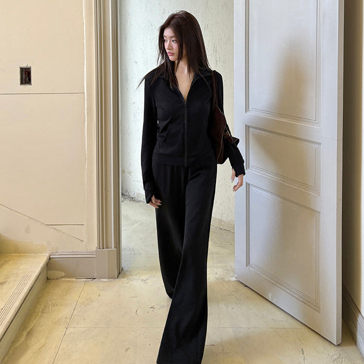 秘密同盟黑色立領修身外套寬褲兩件套-25636