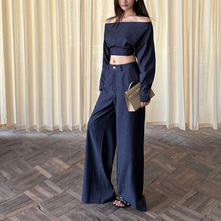 靛藍格調落地寬褲-25646