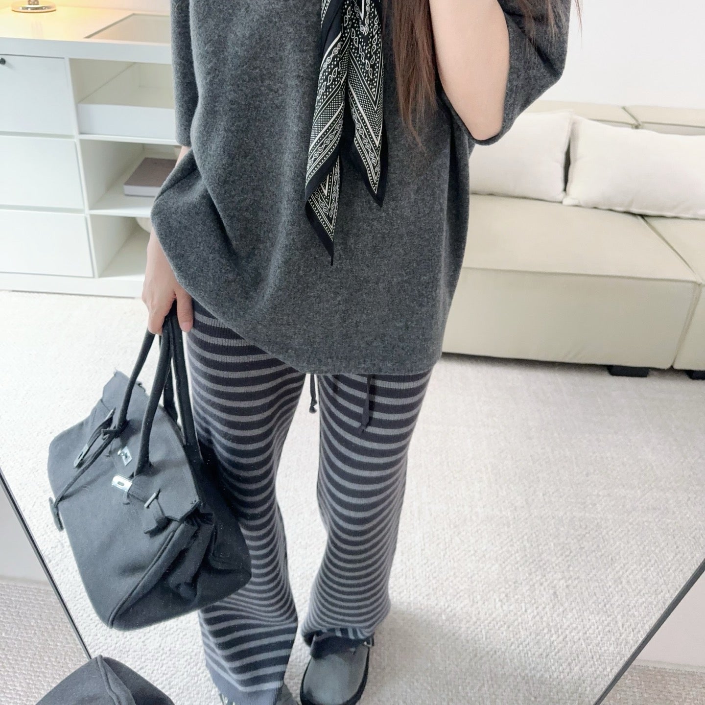 軟糯針織加厚條紋寬褲-25673