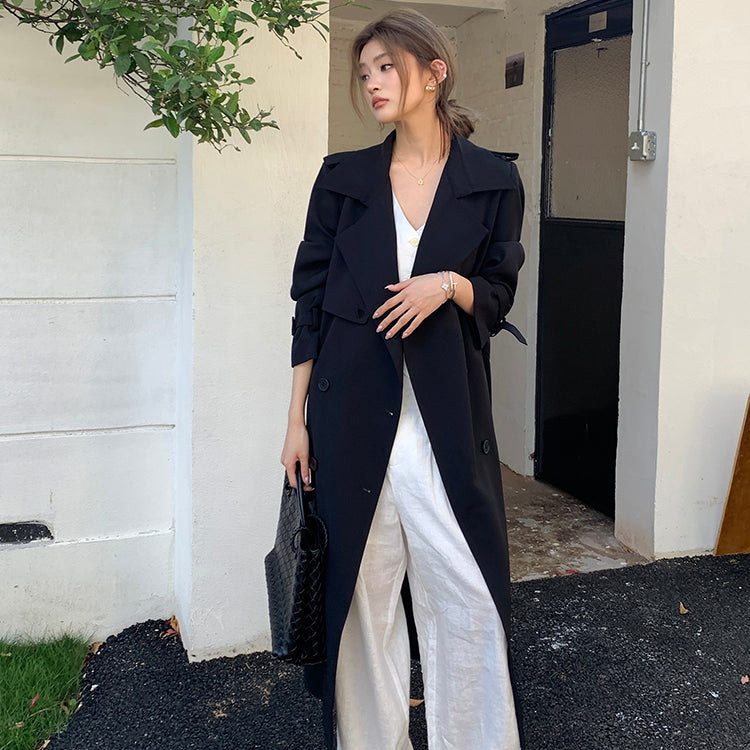 許我耀眼黑色繫帶長風衣-25644