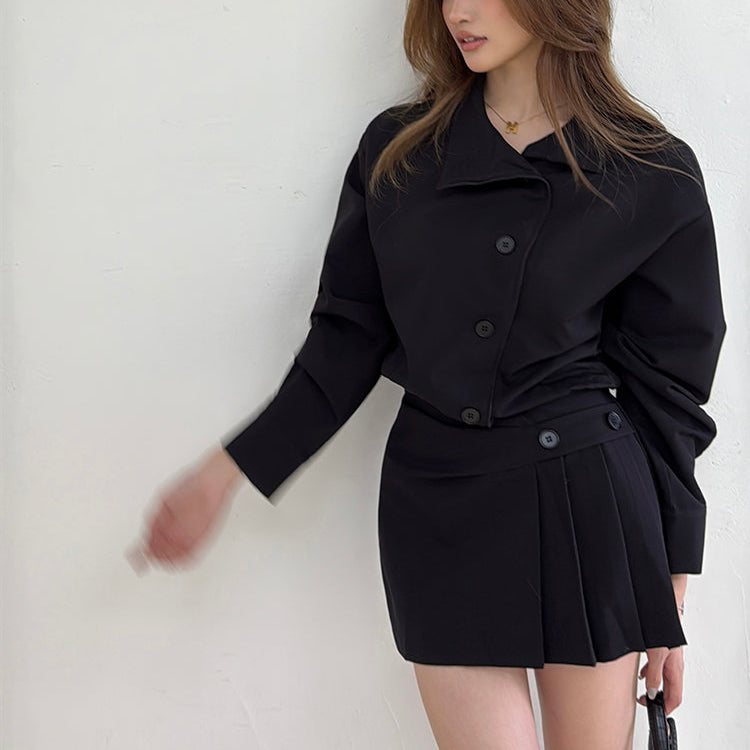 黑色復古立領設計襯衫連衣裙-25641