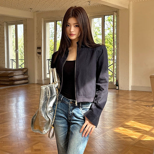 海藍翻領工裝短版棉夾克-25684