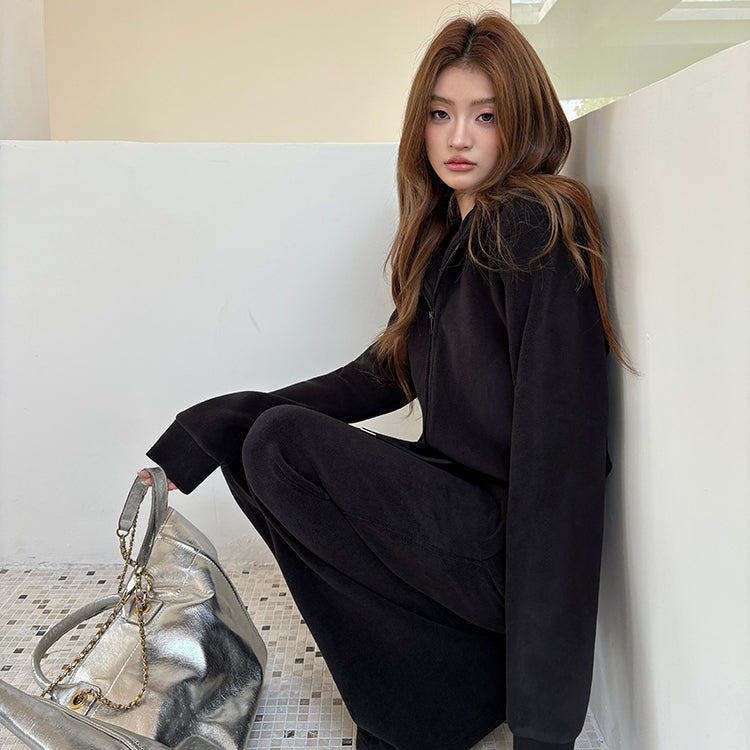 黑廠潮流搖粒絨連帽外套微喇褲兩件套-25640