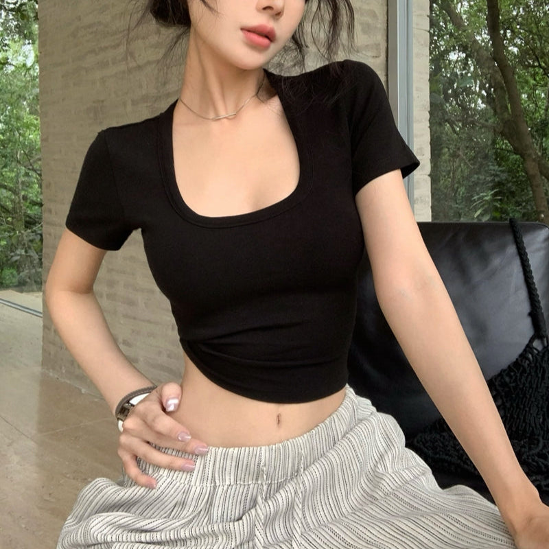 簡約性感低U領短T恤-25482