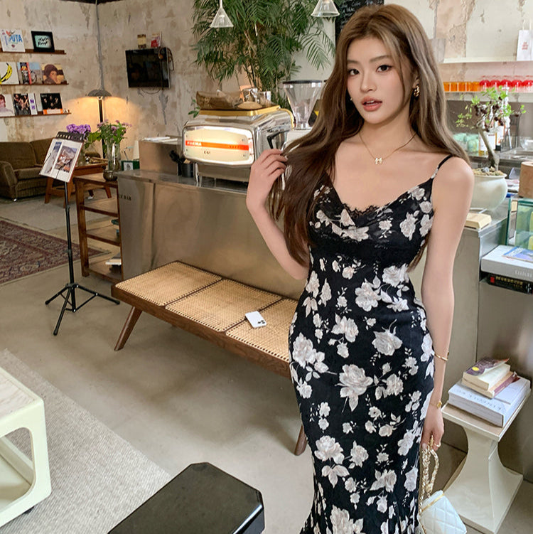 黑蕾絲鏤空碎花長洋-25267